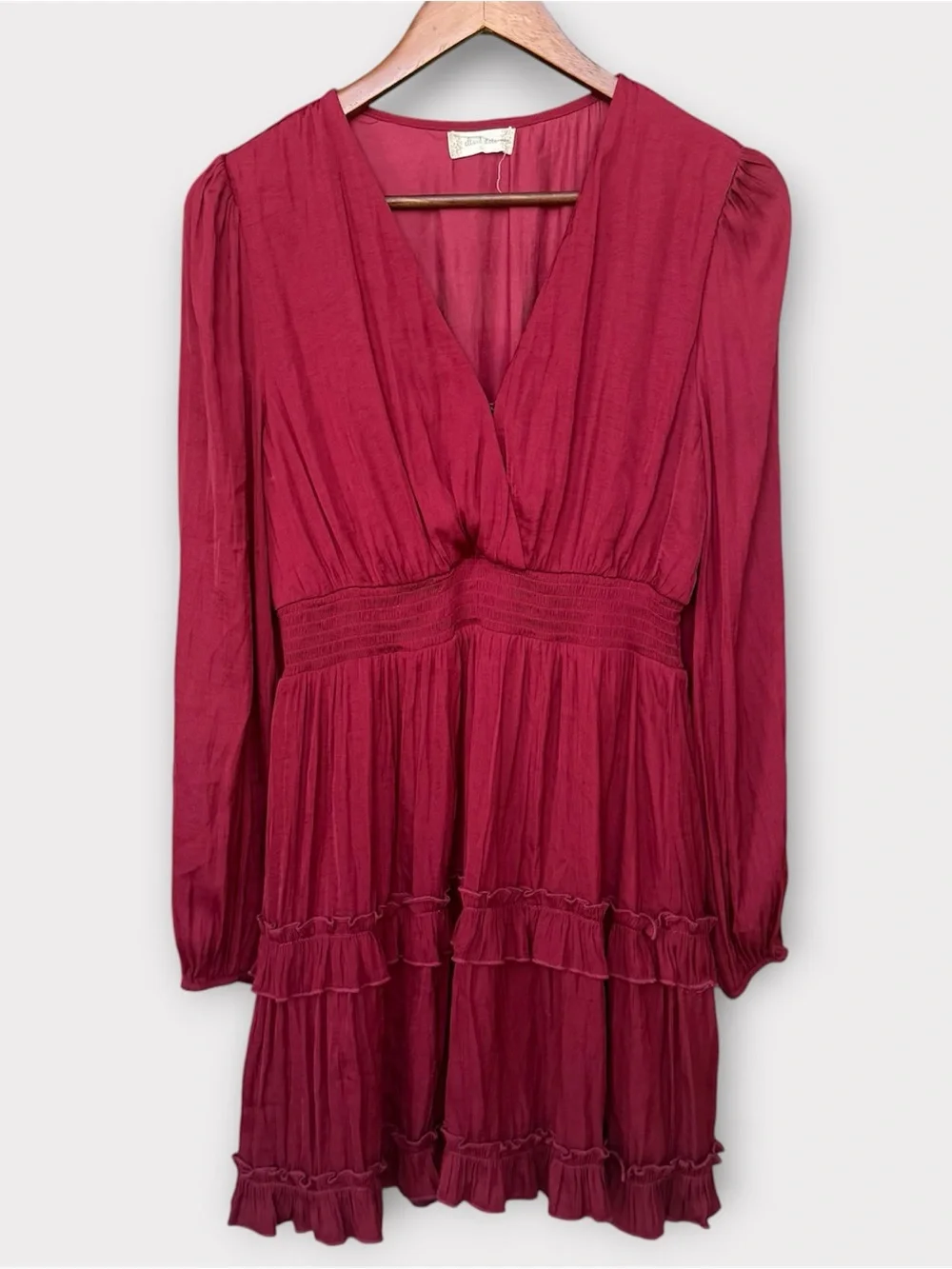long sleeve dress altar'd state Altard State Burgundy Smocked Mini Dress Long Sleeve Satin Ruffle Size Large